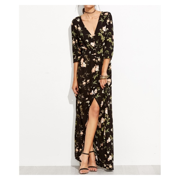 MBM Unlimited Dresses & Skirts - Black V Neck Button Down Floral Maxi Dress